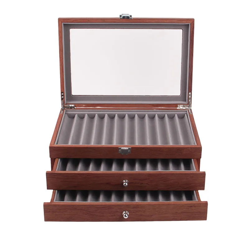 3 Layer Wood Pen Display Box 34 Pen Organizer Box, Pen Display Case Storage Fountain Pen Collector Organizer With Glass Window