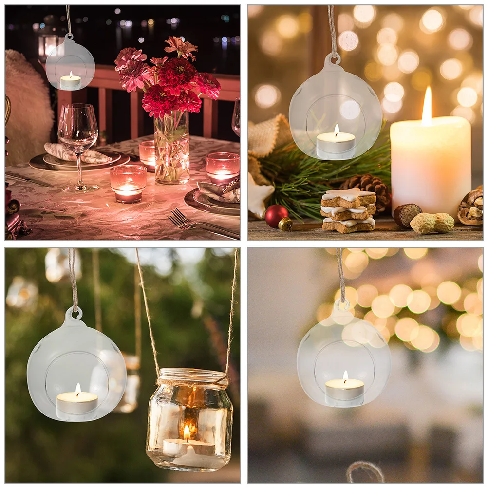

6Pcs Hanging Glass Globe Holder Flat Bottom with Rope Tealight Lantern Decorative Terrarium for Christmas Thanksgiving