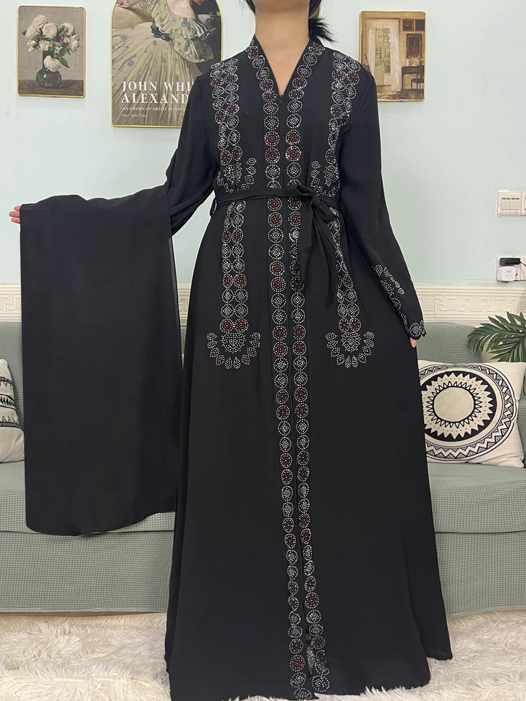Muslim Open Abayas For  Women Loose Fit Cotton Diamond Femme Robe  African Women's Daily Rrayer Party Elegant Dress With Turban
