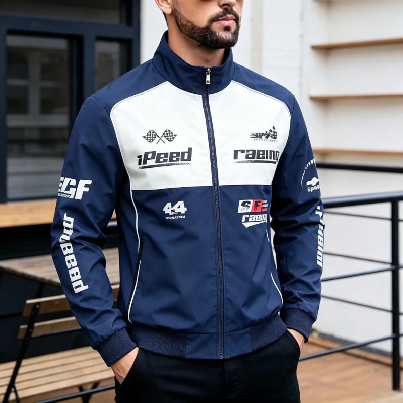 Streetwear Racing Jackets for Men High Street Motorcycle Jackets Spring Autumn New Male Color Block Matching Print Baseball Coat