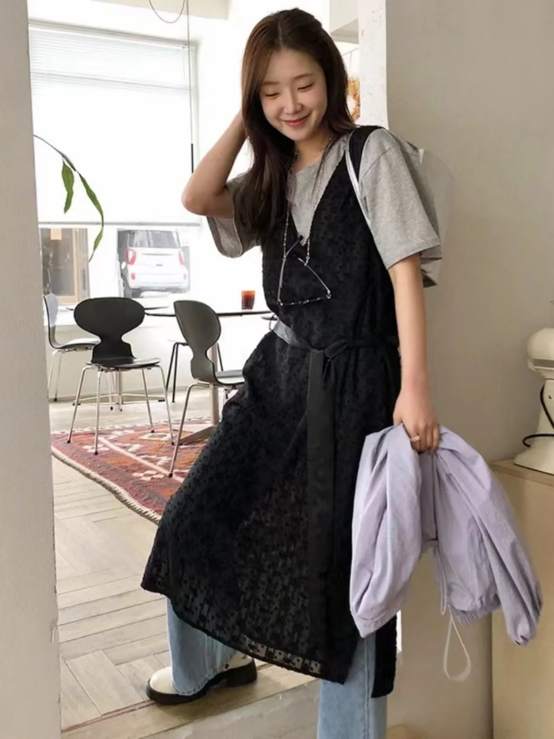 Colete de flor bordado de renda Dr feminino cintura solta cinched fenda lateral Agel saia midi em camadas de algodão na moda Svel...