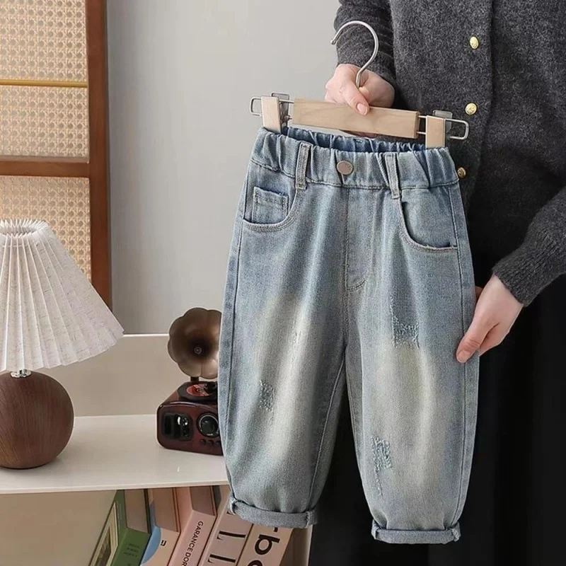 جينز بفتحات قطنية للأطفال، سراويل مريحة، سراويل كاجوال، ملابس مريحة، للأولاد والبنات، الأطفال، جديد، جودة ممتازة