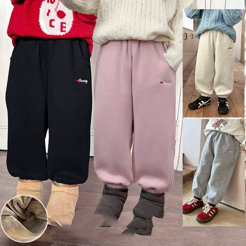 

Детские штаны для маленьких девочек, повседневные утепленные штаны для бега с вышивкой букв для маленьких девочек, новые зимние штаны для маленьких девочек с эластичной резинкой на талии