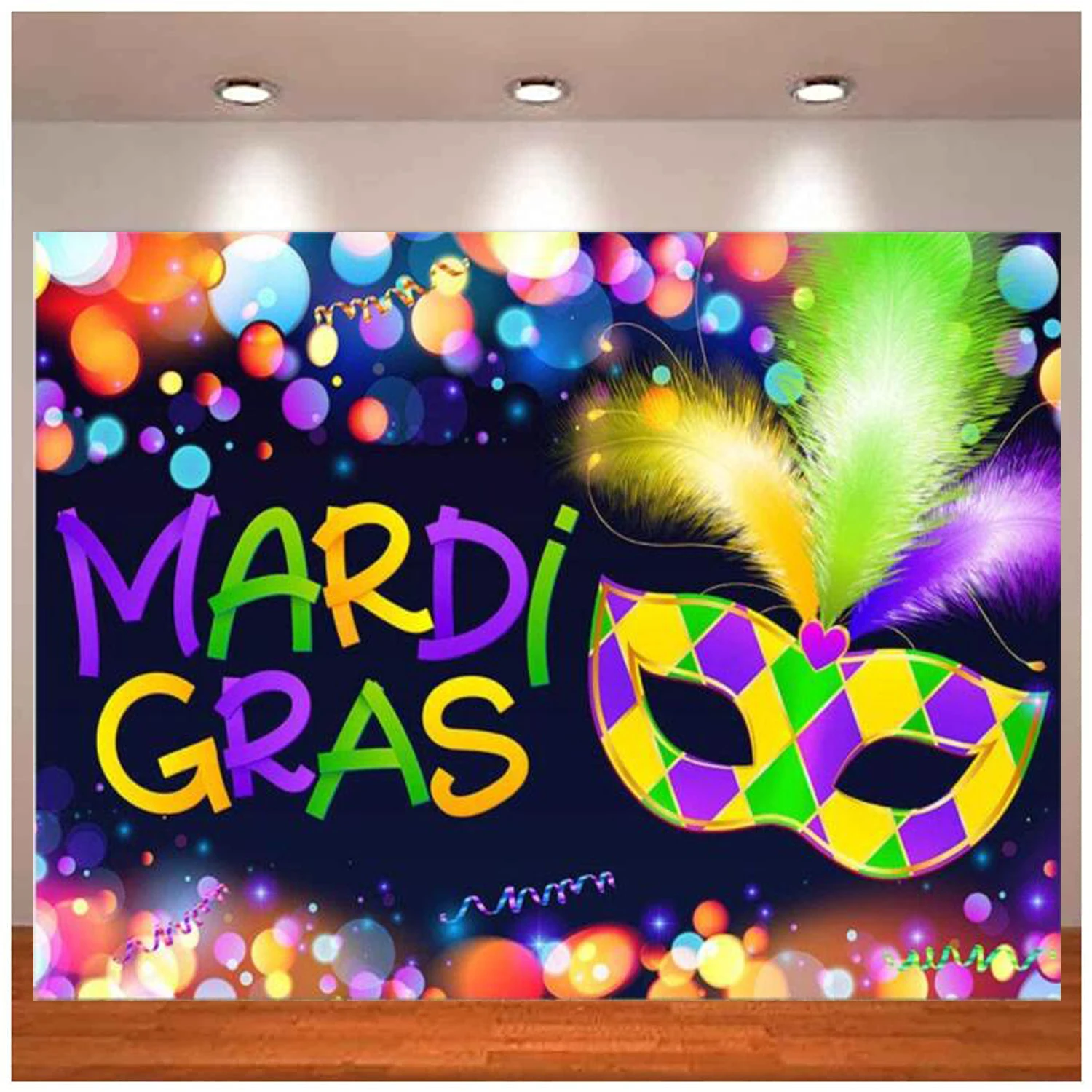 

Mardi Gras Photo Photography Backdrop Masquerade Party Decor Supplies Purple Gold Feather Glitter Beads Mask Background Banner