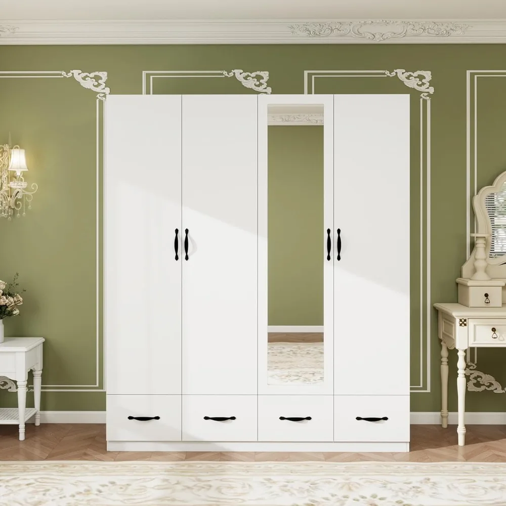 

Wardrobe Armoire Closet with 4 Door, 3 Shelves, 4 Drawers and 1 Hanging Rods, Wooden Closet Storage Cabinet for Bedroom