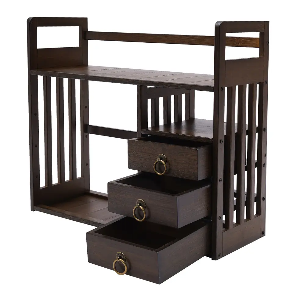 Bamboo Desktop Bookshelf Organizer with Drawers
