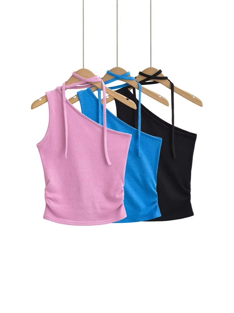 camisola-feminina-elegante-de-trico-com-gola-halter-sem-mangas-cintura-plissada-fina-design-de-ombro-assimetrico-exclusivo-ideal-para-o-verao
