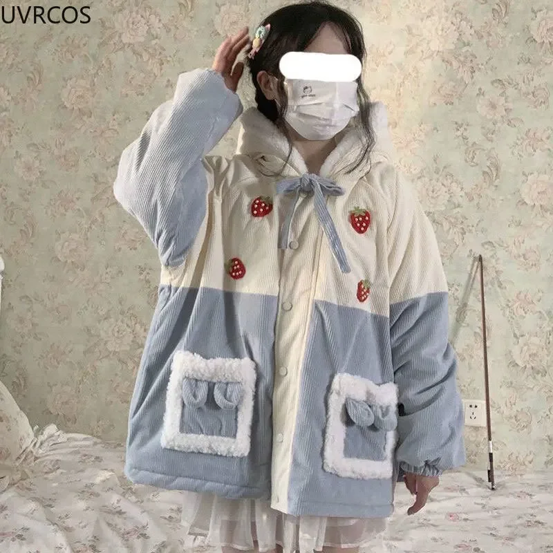 Japanese Sweet Corduroy Parkas Jacket Women Kawaii Y2k Strawberry Embroidery Hooded Outwear Female Autumn Winter Plush Warm Coat - view 4