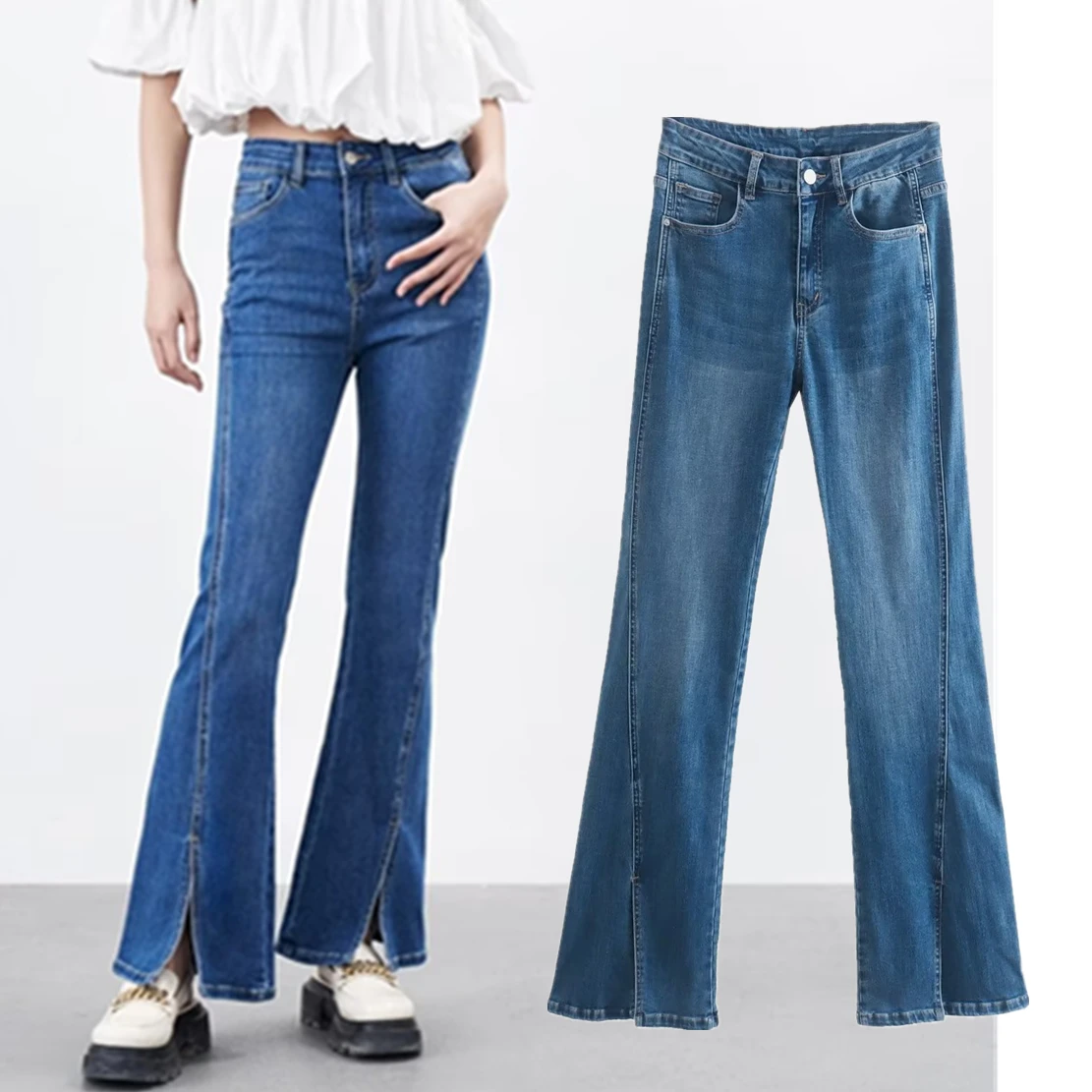 Withered Vintage Forking Flare Denim Pants High Street Washed Blue High Waist Jeans Women