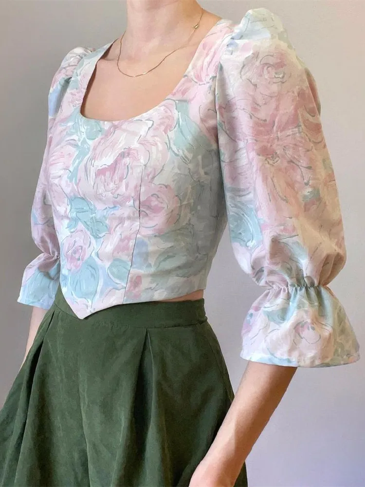 Retro Tie-dye Flower Print Square Collar Shirt Open Buttons Back Half Puff Sleeve Cropped Blouse Hem Asymmetry Tops