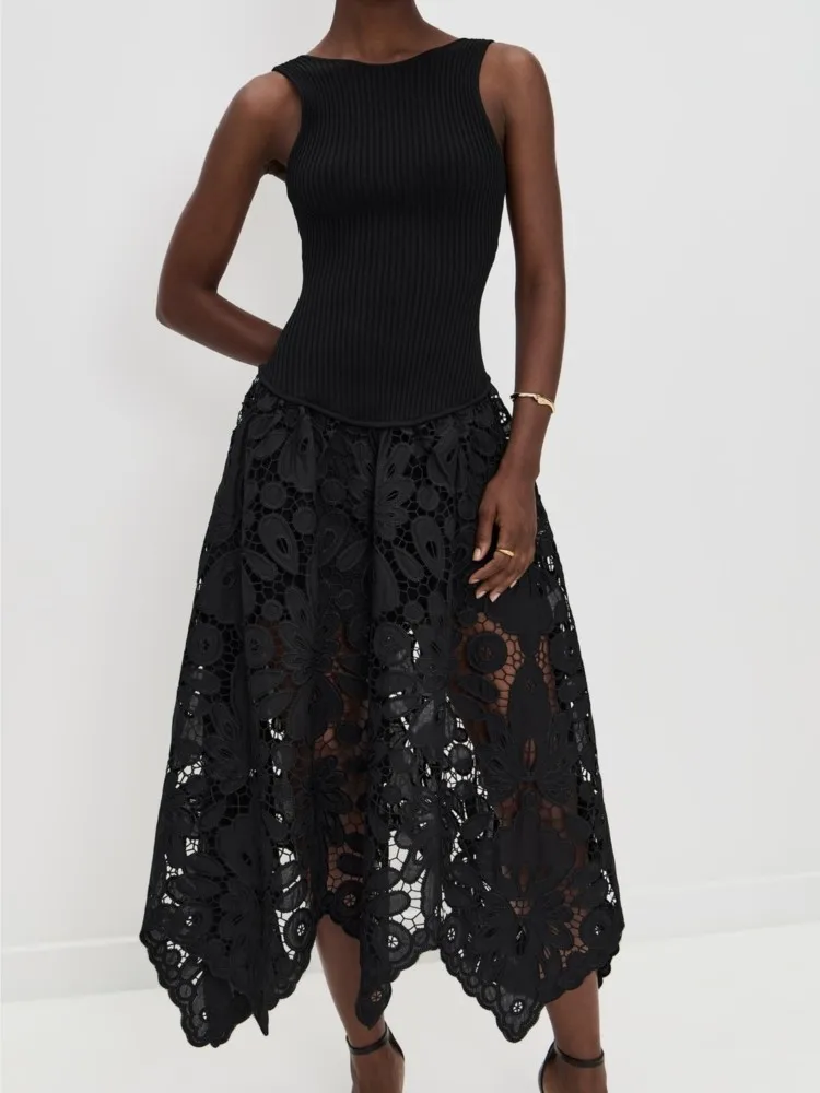 Abito da donna con cerniera e cuciture con cinturino Primavera e autunno Abiti da festa per le vacanze a vita alta in pizzo stile casual allentato tinta unita