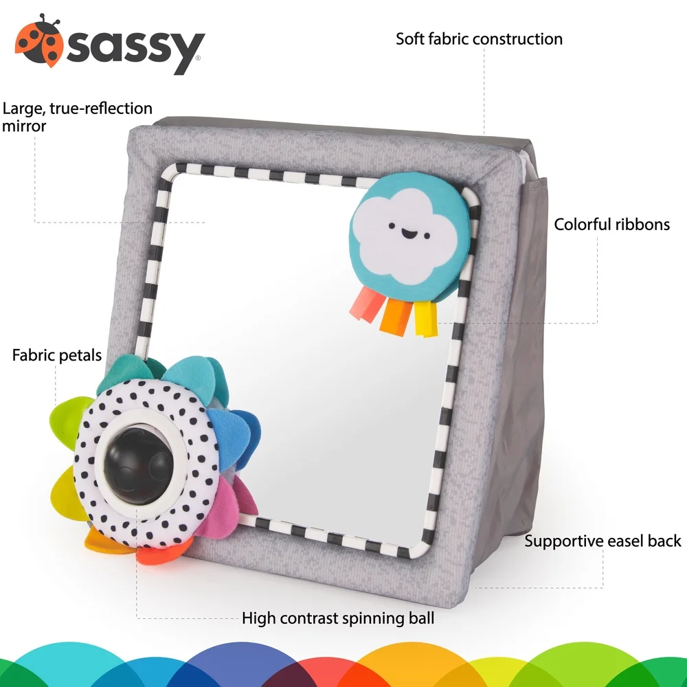 Espejo de suelo para bebé Tummy Time con colores de alto contraste, caballete ajustable seguro resistente a roturas, bola de seguimiento trasero para recién nacidos