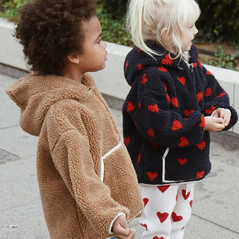 1-9 Yrs Ks Winter Children\'s Clothing Baby Boys Thicken Coat Lamb Wool Hooded Outerwear Kids Print Fur Vest Christmas Jacket