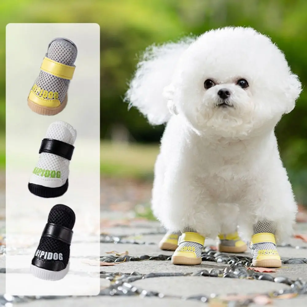 4pcs/set Dog Going Out Shoes Wear-resistant Mesh Dog Shoes Anti-slip Breathable Dogs Boots Soft Anti-drop Pet Sneakers Summer