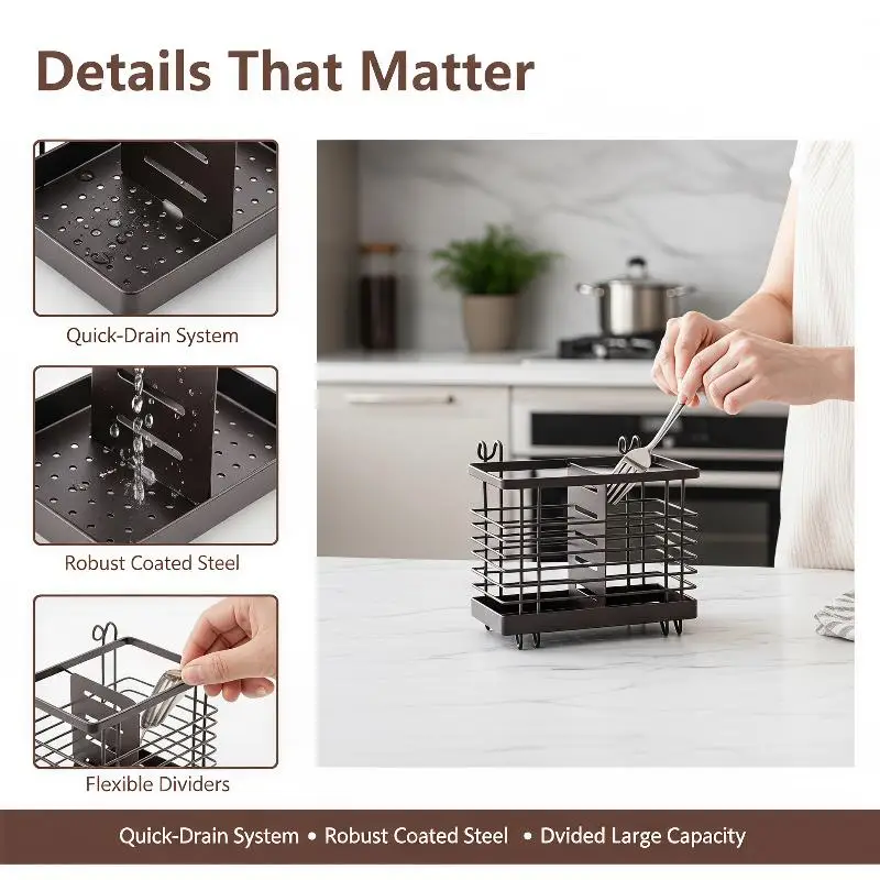 Iron Tableware Drying Rack Kitchen Desktop Chopstick Holder With Draining Holes for Countertop Utensil Storage Organization