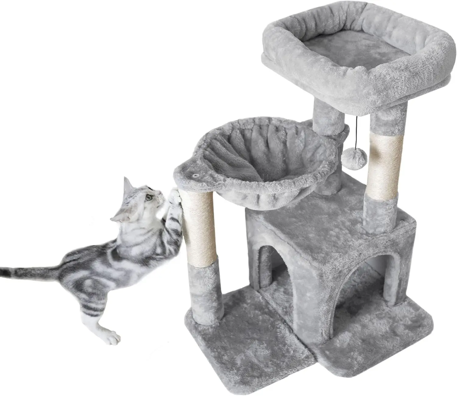 Árbol para Gatos Compacto con Poste Rascador de Sisal y Hamaca Colgante en Tono Gris Claro para Gatos Pequeños