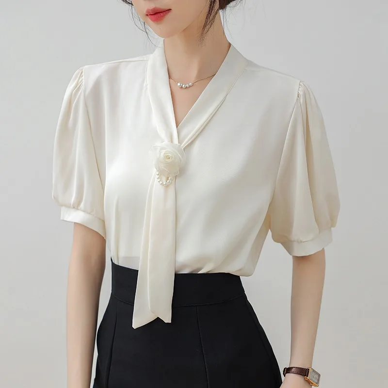 2024 Summer Satin Surface Short Sleeve Shirts Women Elegant Korean Ribbon Chic V-neck Office Lady Tops Fashion Bow Tie Blouses