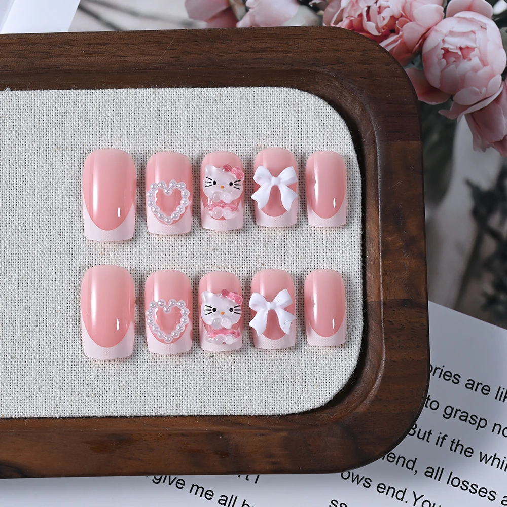24pcs Hello Kitty White French Pearl Heart Fasle Nails Short Square Pink Press On Nails Kawaii Artificial Fake Nails For Women