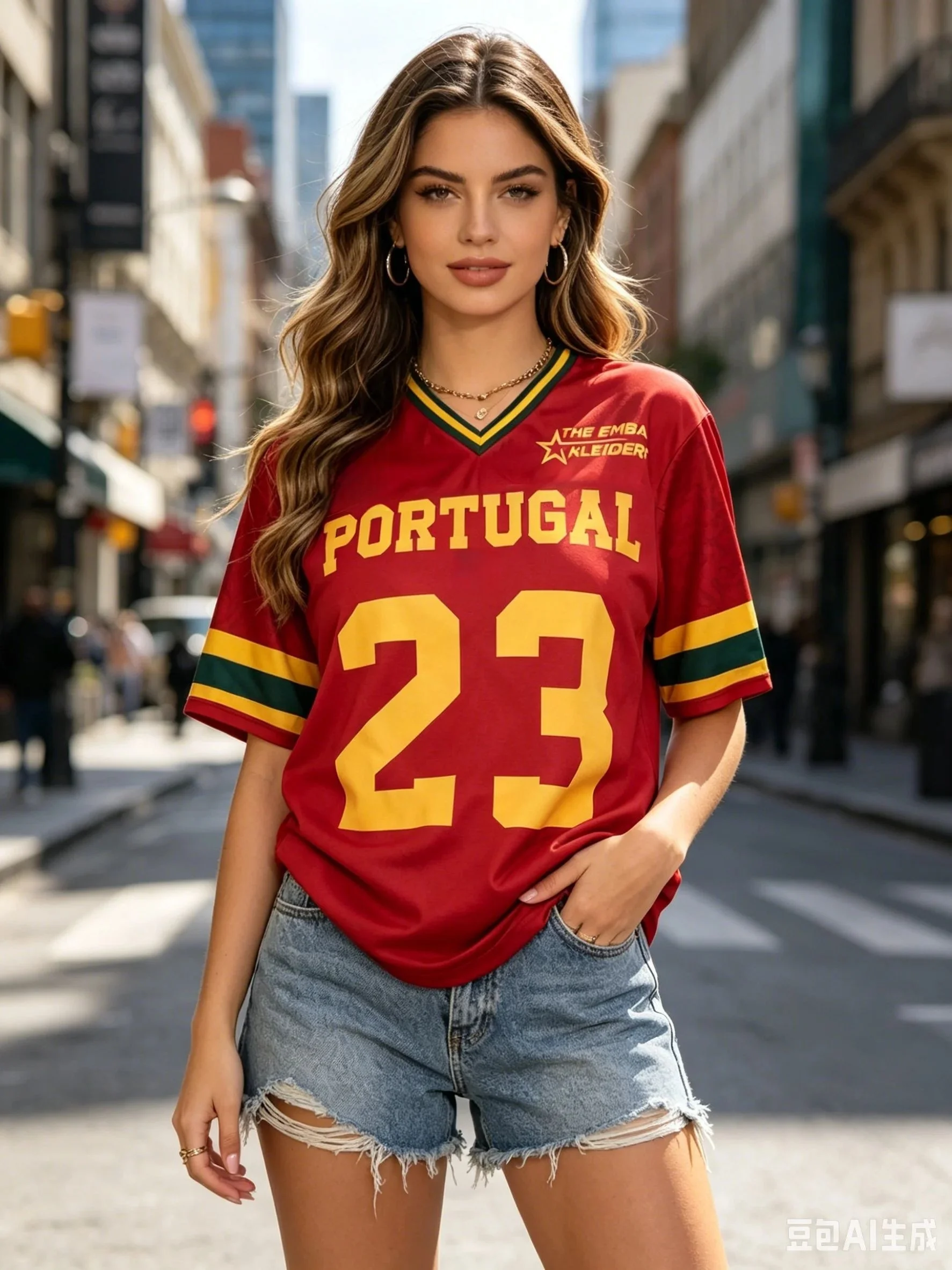 Summer Women'S Contrasting Color Jersey T-Shirt PORTUGAL Letter Printed Short Sleeved V-Neck Loose Fashion Street Versatile Top