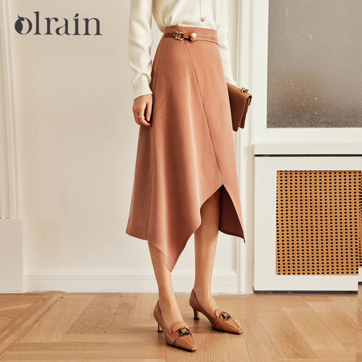 OLrain Coffee Plaid Woman Skirt 2025 Spring Summer Retro Irregular Slit Office Wear Leather and Metal Buckle Skirts O22QB63361