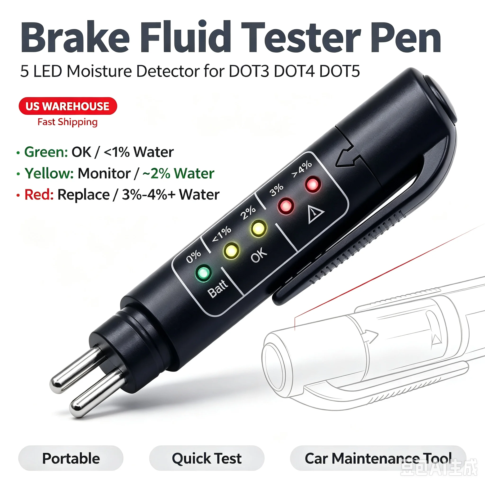 US Warehouse Brake Fluid Tester Pen, 5 LED Car Brake Fluid Moisture Detector, Universal Auto Brake Oil Quality Check Diagnostic Tool for DOT3 DOT4 DOT5, Fast Local Shipping