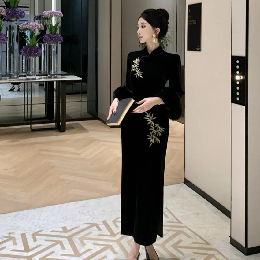 Ele Cappotto in velluto ricamato Sve Bell aped Dr Vita snellente Lungo Sve Midi Qipao Dr per giovani donne