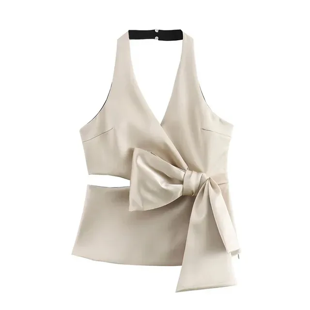 

BabYoung Summer Fashion Women Solid V-Neck Sleeveless Backless Hollow Out Waist Bow Decorate Zipper Female Sexy Slim Tops