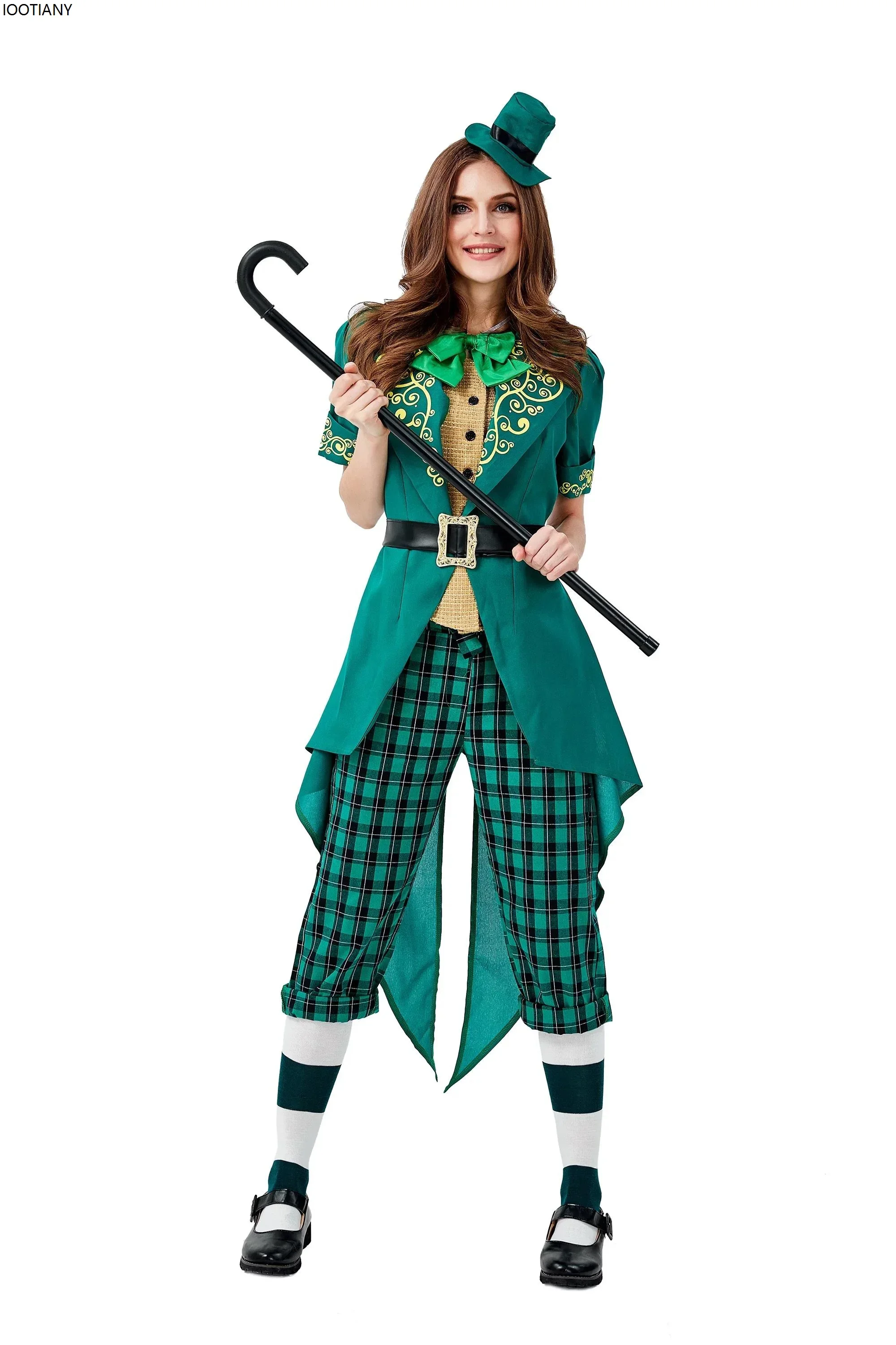 CosplayNew المرأة تأثيري البدلة الخضراء زي عيد القديس باتريك أزياء تنكرية مرحلة الأداء وتتسابق يرتدي قبعة