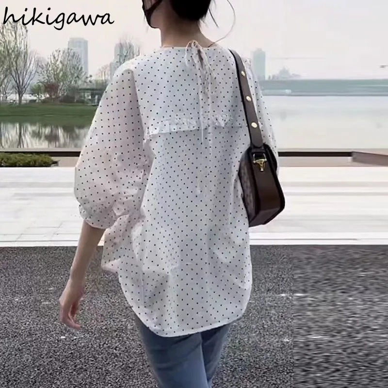 Cotton Blouses Women Clothes Oversized Shirts Short Sleeve Polka Dot Ruffles Summer Blouse White Tops 2024 Blusas Mujer De Moda