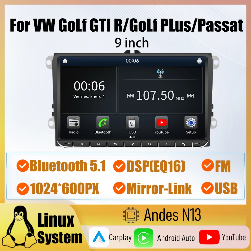 

For VW Golf GTI R/Golf PLus/Passat 9-inch car player Linux System Carplay Wireless Android Auto Wired USB Radio Bluetooth5.1 FM