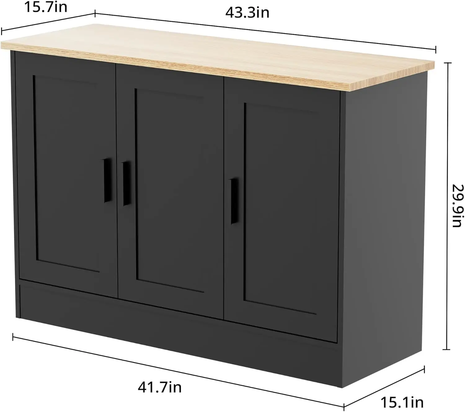 43.3”W Black 3 Door Buffet Cabinet, Coffee Bar Cabinet with Adjustable Shelf, Kitchen Buffet Sideboard for Living Room, Kitchen