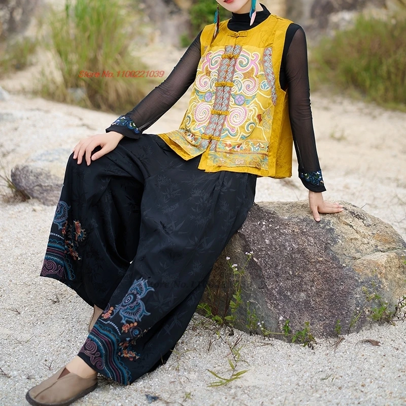 2025 السراويل الصينية خمر الرجعية الساتان الجاكار السراويل زهرة التطريز العرقية السراويل الشعبية مرونة الخصر واسعة الساق السراويل #3