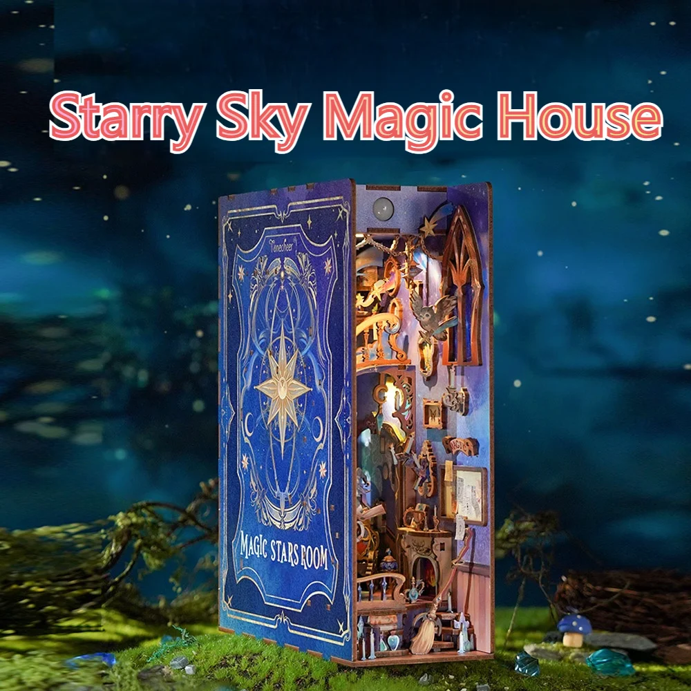 DIY Book Nook Kit, Starry Dream Magic House Dollhouse Booknook Bookshelf Insert Decor Alley Mini House Kit with Led Light Crafts