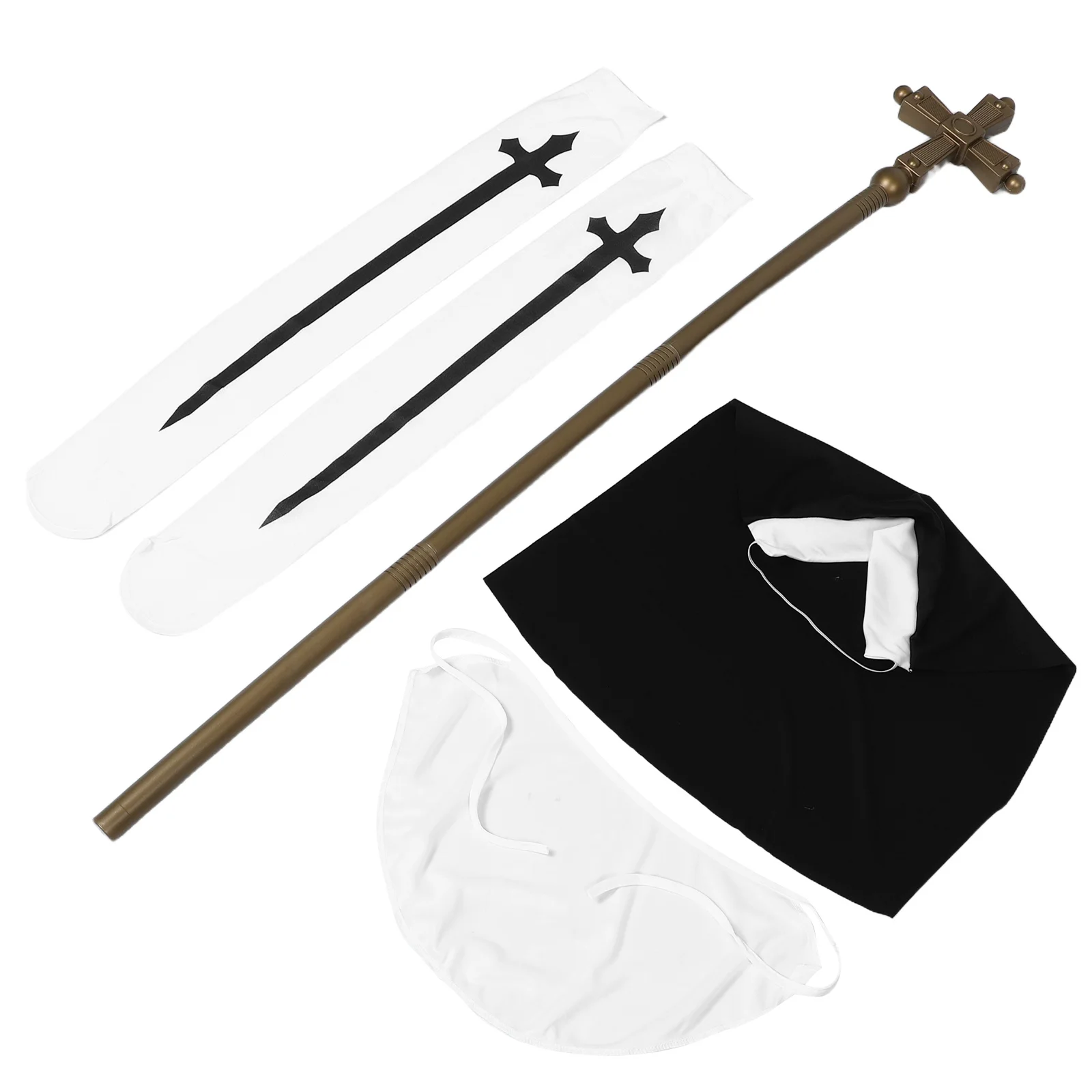 

1Set Halloween Costume Set Nun Cosplay Costume Women Horror Nun Hat Sister Stockings Cross Wand Prop Halloween Party