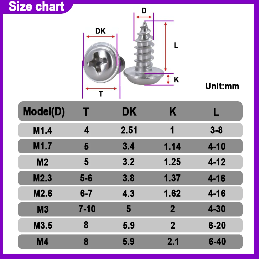 M1.4M1.7M2M2.3M2.6M3M3.5 M4 304 Stainless Steel Cross Round Head with Washer Self Tapping Screw 304 Stainless Steel Wood Screws