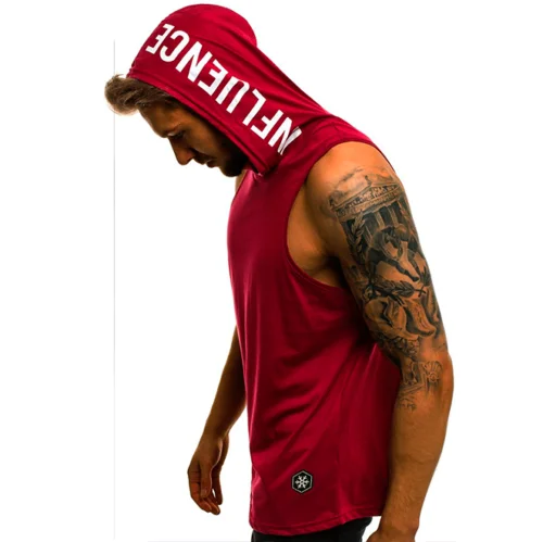 Solid Color Casual Men Muscle  gym Hoodie Tank Top  Letter Loose cotton Bodybuilding Sleeveless Vests Hooded Men T-shirt