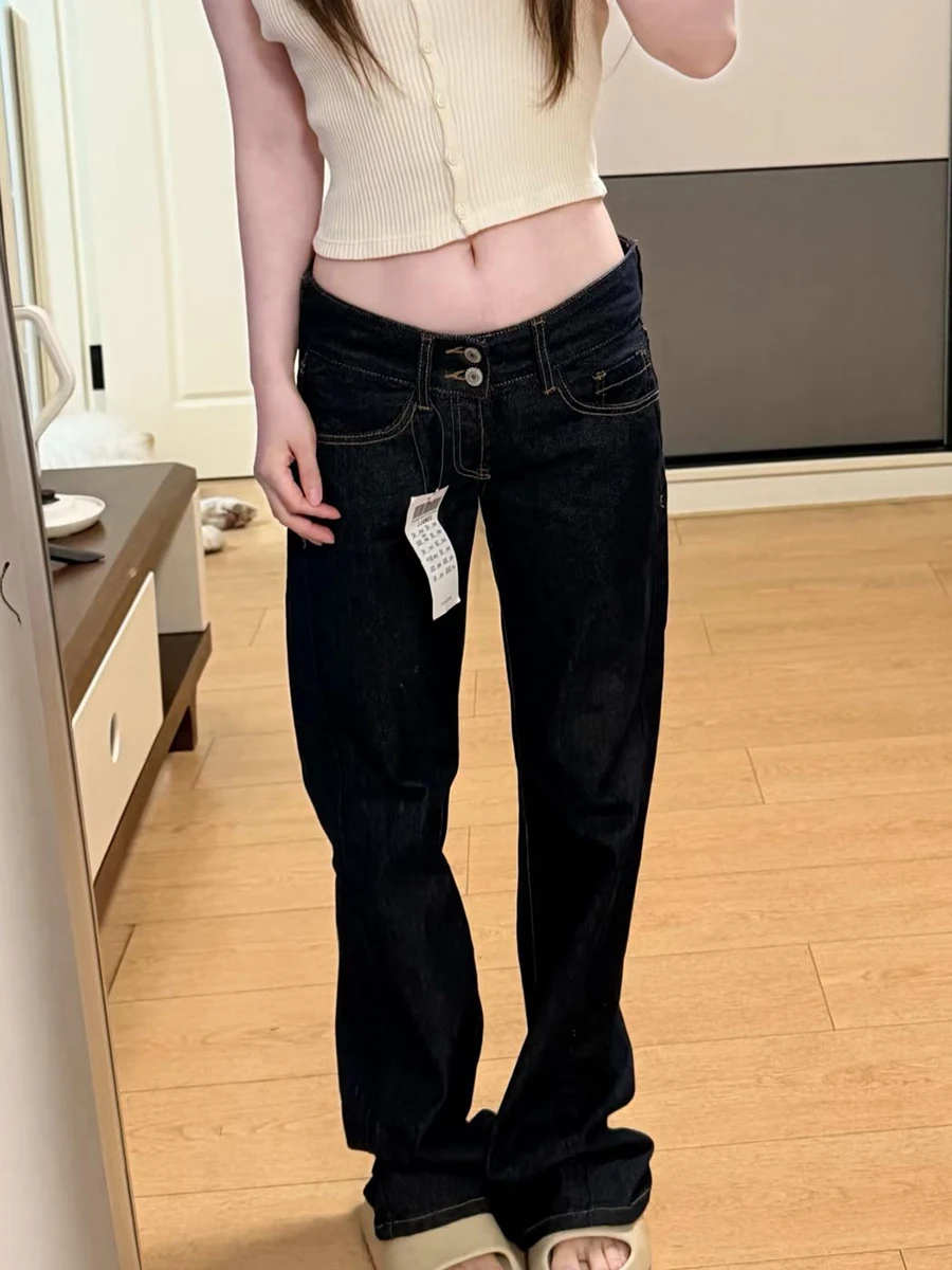 Dark Blue Straight Jeans Woman Autumn Double Button Fly Back Pockets Trousers American Vintage Streetwear Long Denim Pants Y2k