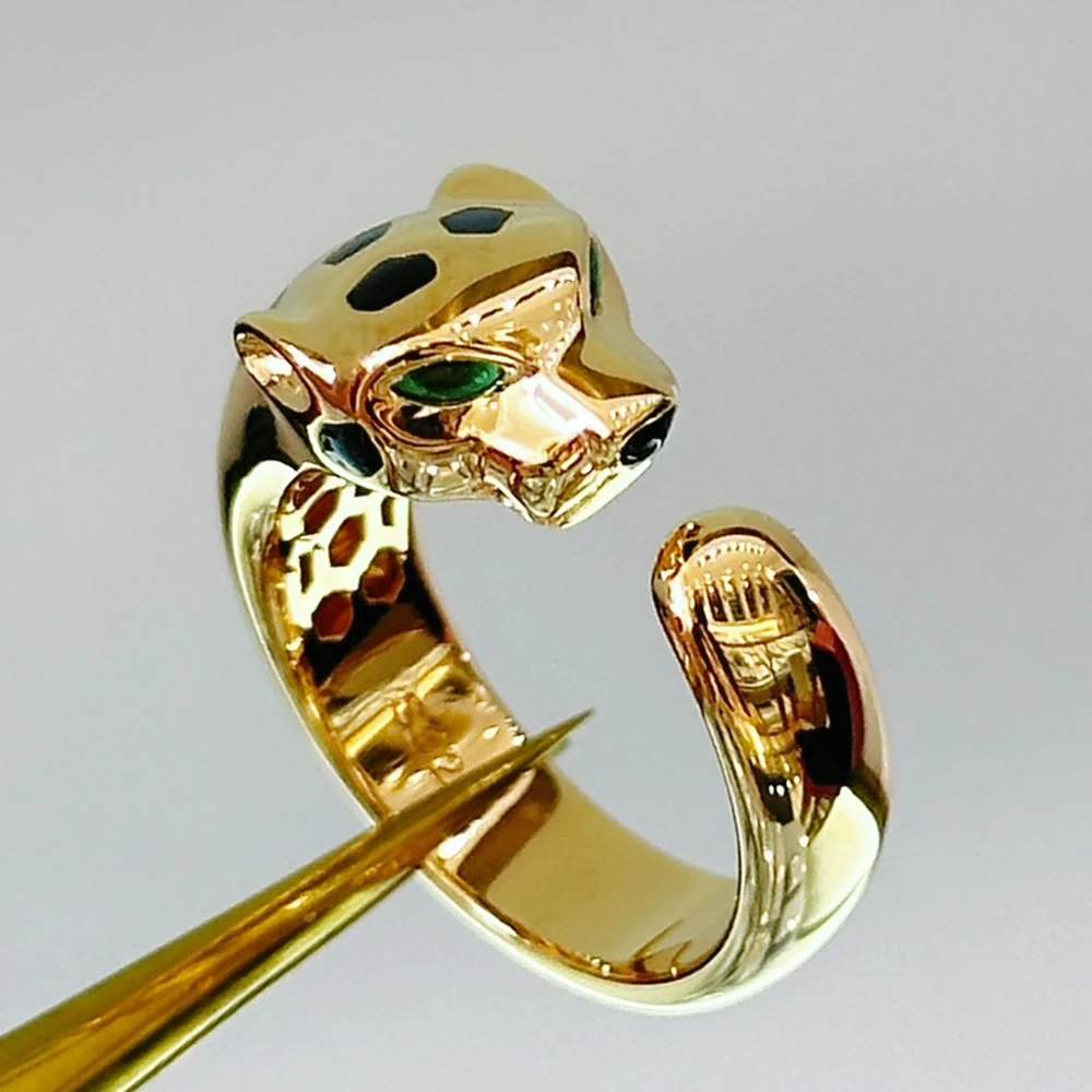 925 Silver With Black Spots Emerald Green CZ Carbon Diamond Panther Leopard Open Rings Luxury Designer Jewelry for Men or Women