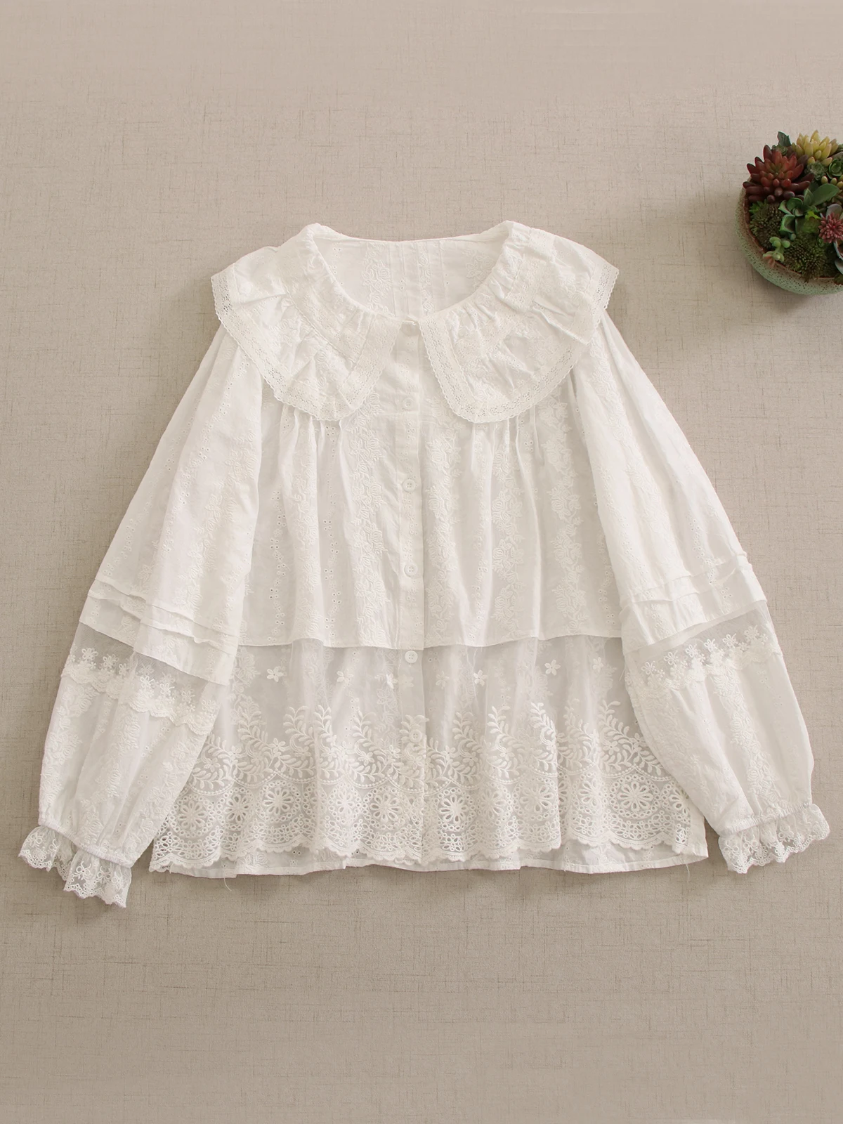 Japanese Sweet Mori Girl Lace Mesh Embroidery Cotton Shirt Women Spring Autumn Cute Peter Pan Collar Long Sleeve Blouse Tops