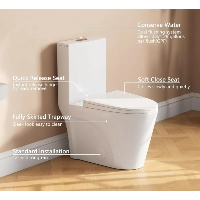 Toilet, Elongated One Piece Toilet for Bathrooms Dual Power Flush Toilet 1.1/1.6 GPF and MAP 900g, 12'' Rough-In Toilet Bowl
