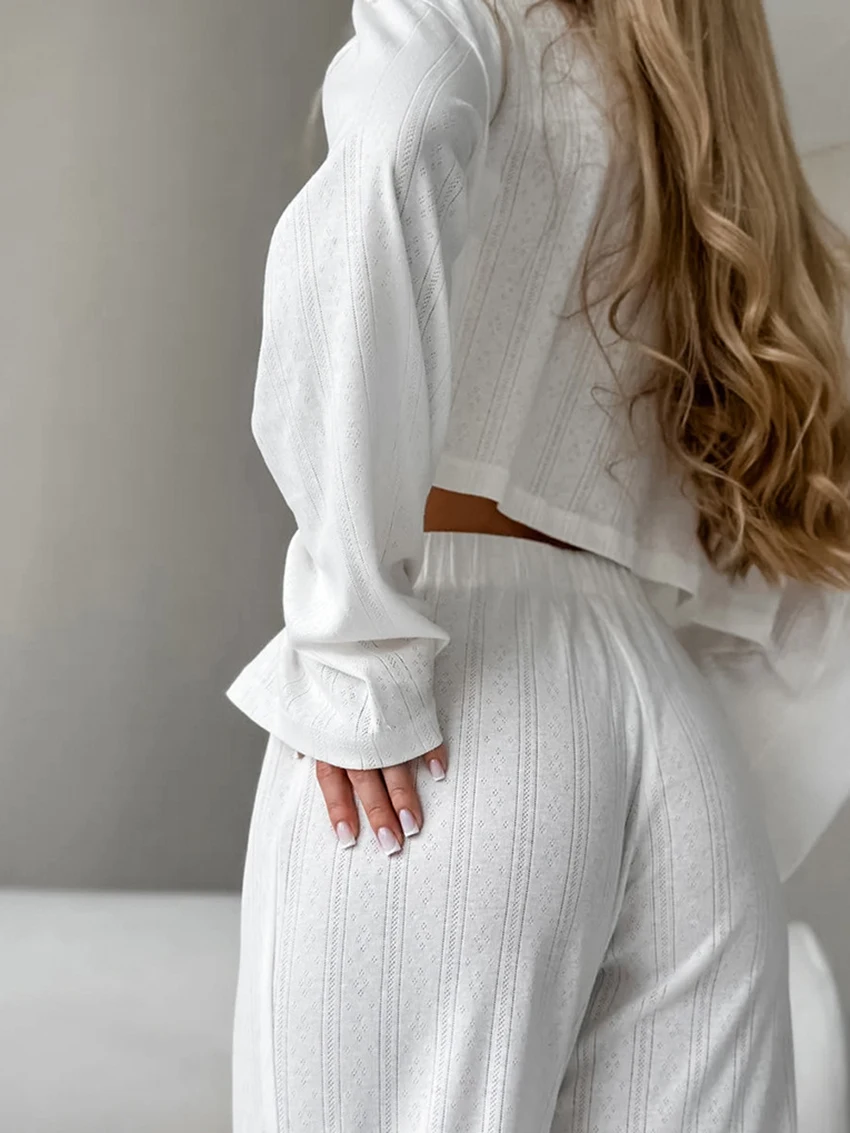 Marthaqiqi Casual Women Nightwear Set V-Neck Pajamas Long Sleeve Nightgowns Crop Top Nightie Lace Up Pyjamas Pants Home Clothes