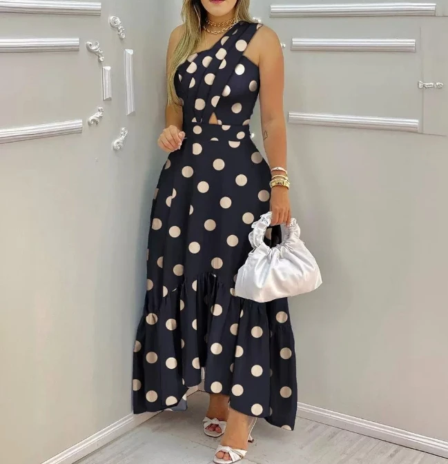 

Single Shoulder Polka Dot Dress Fashion Summer Dresses 2024 Elegant Women's Sexy Irregular Dress Casual ﻿