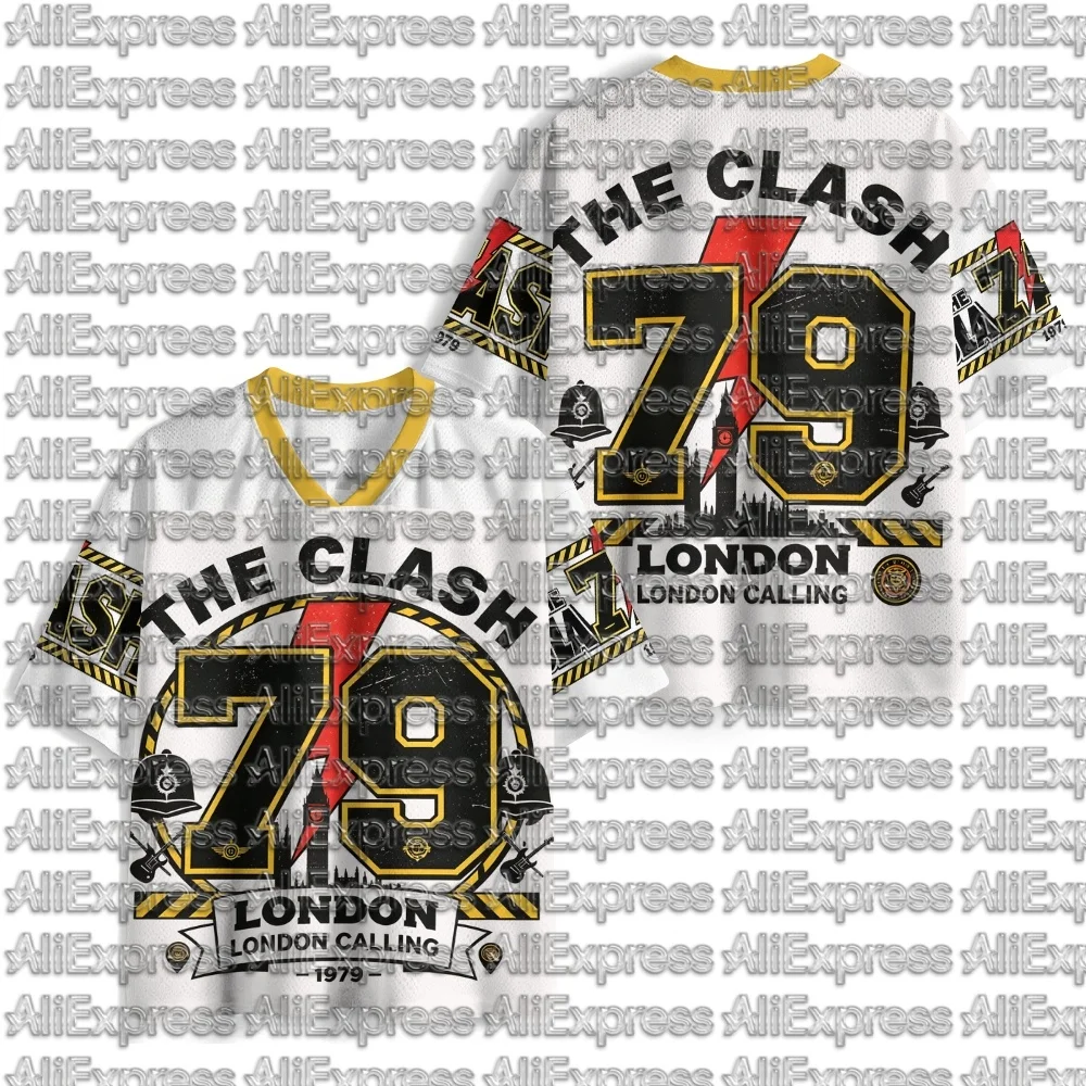 The Clash London Calling 79 Pattern Men's Mesh V-neck Short Sleeved T-shirt Retro British Punk Rock Neutral Street Sports Top