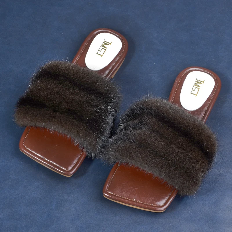 Real Mink Fur Slippers Fluffy Flip Flat Fur Women\'s Shoes Fashion Outdoor Slippers Sandals Beach Sandals House Shoes Sandals