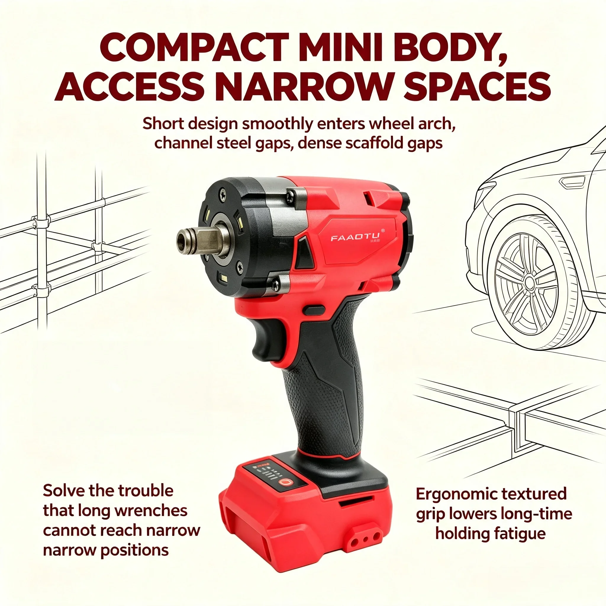 FAAOTU 18V Brushless Cordless 1/2 Inch Impact Wrench, Rechargeable Impact Wrench  Auto Car Truck Maintenance Repair Tool view 4