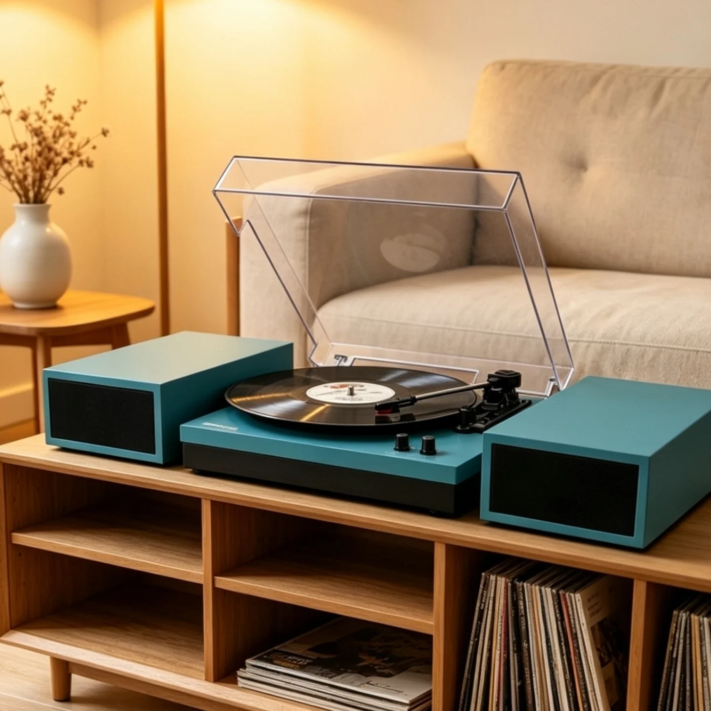 

Sleek Combined Vinyl Record Player, Vintage Gramophone 3 Playback Speeds Bluetooth 5.0 Auto Stop Function Built-in Speakers