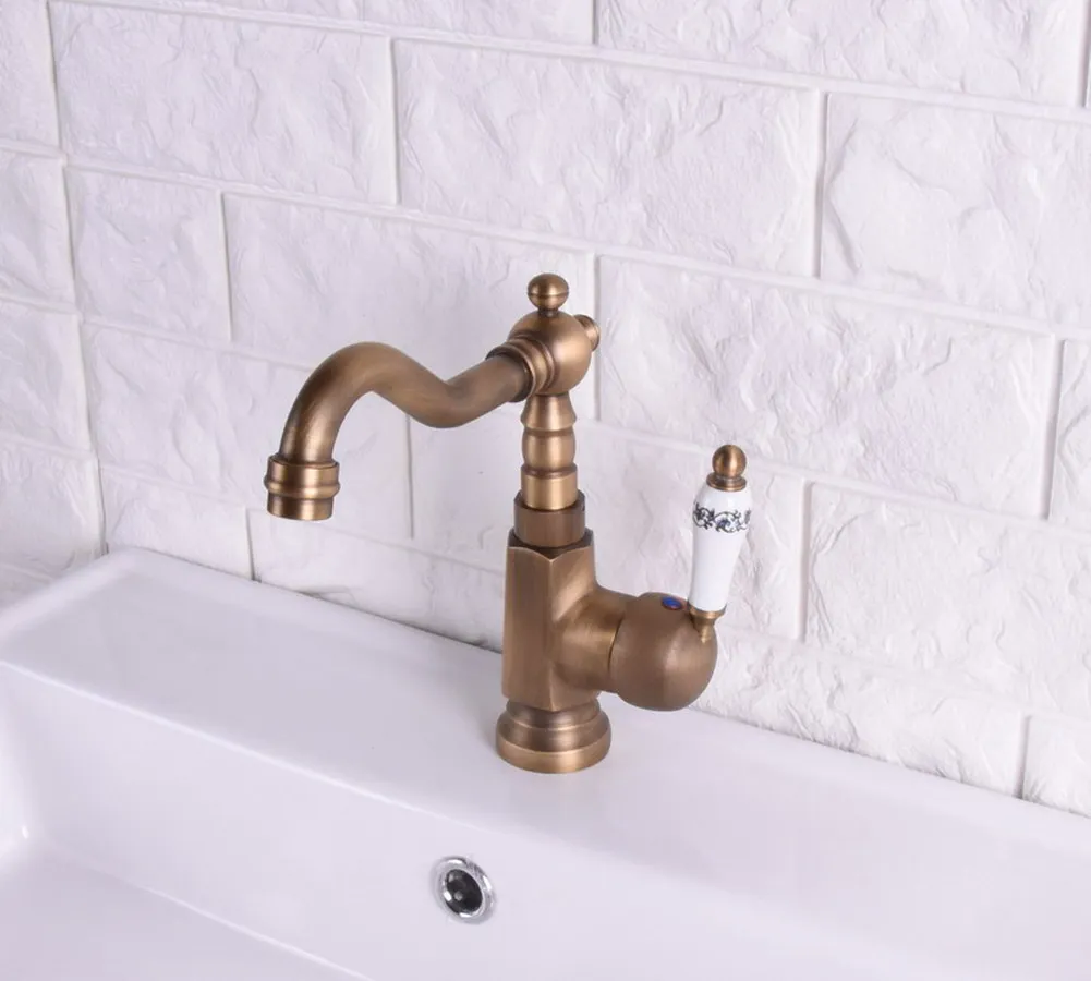 

Antique Brass Wash Basin Faucet Single Handle Swivel Spout Kitchen Bathroom Sink Hot And Cold Water Taps 2sf115