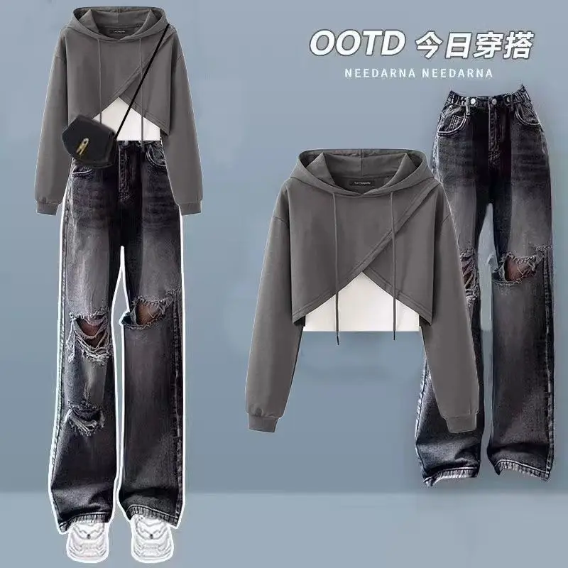 Spring and Autumn Set Women\'s Korean Edition Loose Hoodie with Stacked Tank Top+Age Reducing Work Pants 3-Piece Set