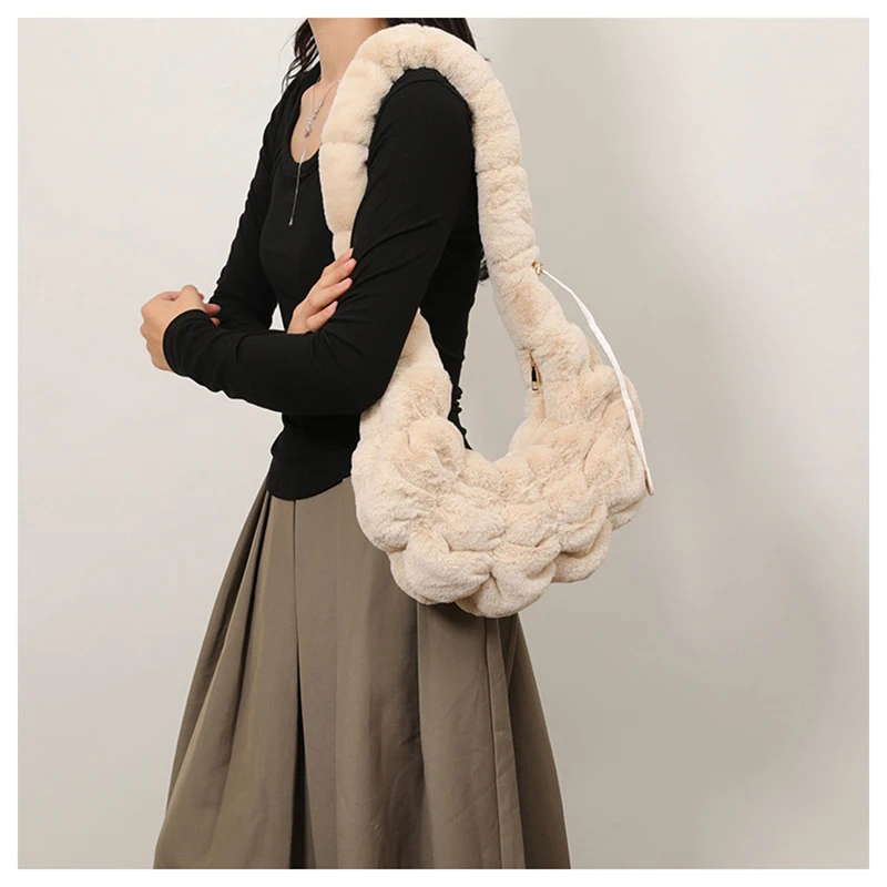 New Autumn and Winter Women Plush Shoulder Bag Pleated Hobo Bag Adjustable Strap Clutch Purse Dumpling Bags for Work Travel image 3