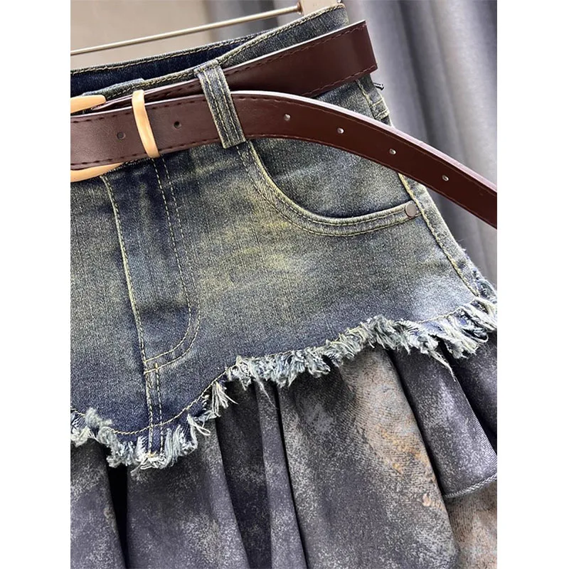 Spliced denim Skirt for Women New Age-reducing Versatile and Fashionable High-waisted Slimming A-line Short Skirt Trendy